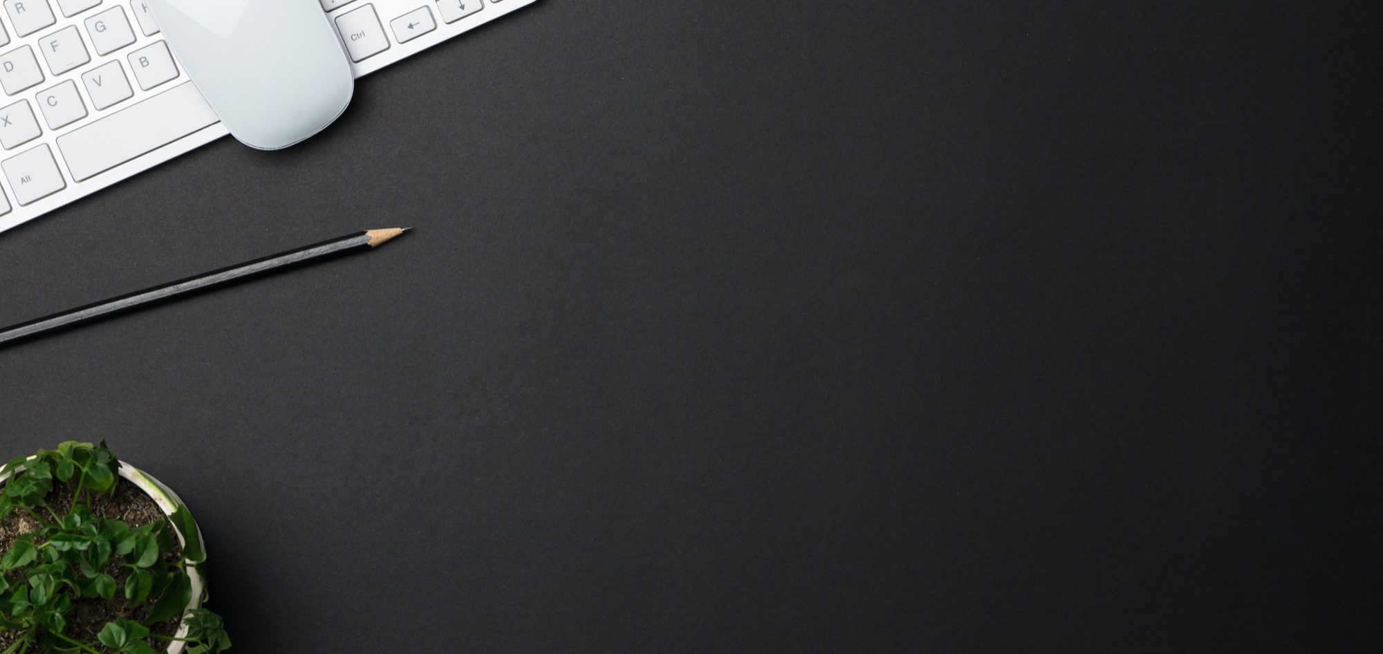 Schwarzer Schreibtisch mit Tastatur, Stift und kleiner Pflanze in einem Topf. 